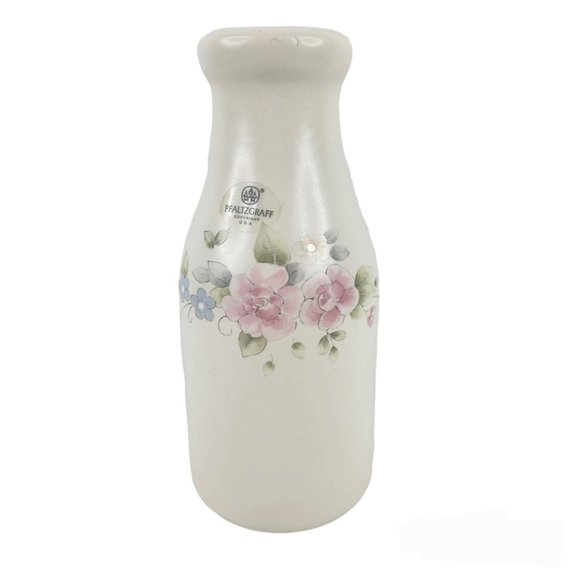 Pfaltzgraff Tea Rose Milk Bottle Vase 8" Pink Blue Floral Carafe Jug USA - Picture 1 of 9